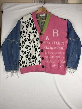 JASCLS Cardigan Women’s M/L Leopard Denim Sleeve Colorblock Patchwork Knit